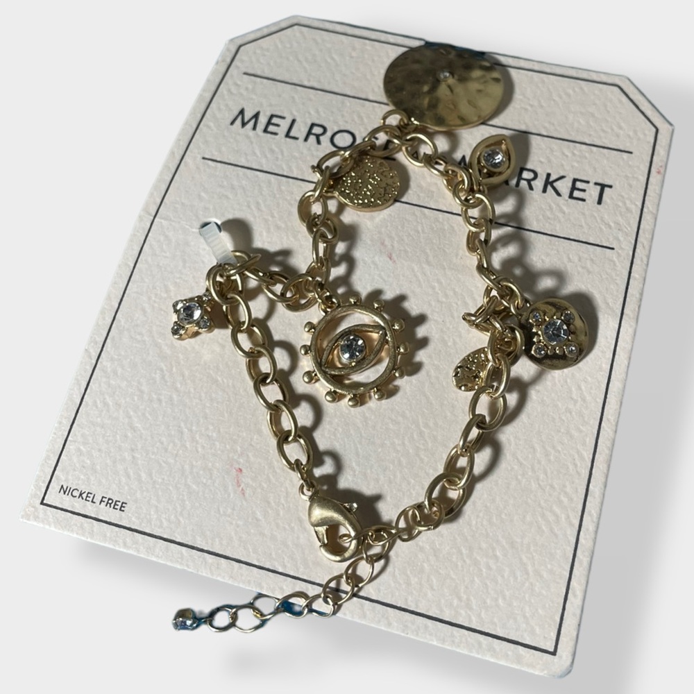 NWT Melrose and Market Gold Hammered Evil Eye Cubic Zirconia Charm Bracelet